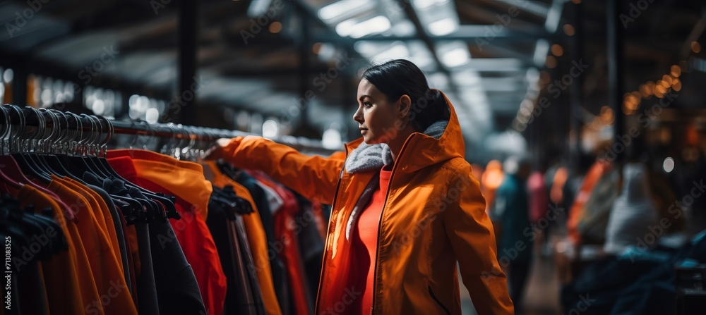 Blurred bokeh effect of woman browsing clothing rack with captivating store background