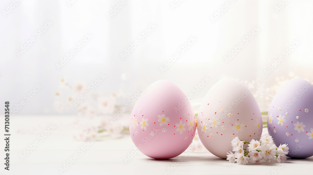 Easter eggs and spring flowers in pastel colors Easter eggs and spring flowers in pastel colors