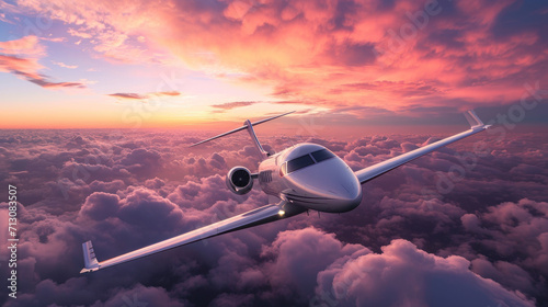 Business jet airplane flying on high altitude above the clouds