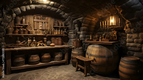 Small wine cellar with bottles and keg photo