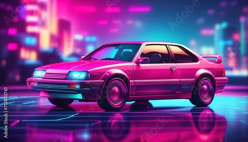 Car on synthwave vaporwave retrowave cyber city background © WrongWay