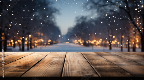 Wooden table snowy trees winter nature bokeh background  empty wood desk product display mockup snow landscape blurry abstract backdrop ads showcase Christmas time presentation. Mock up  copy space.