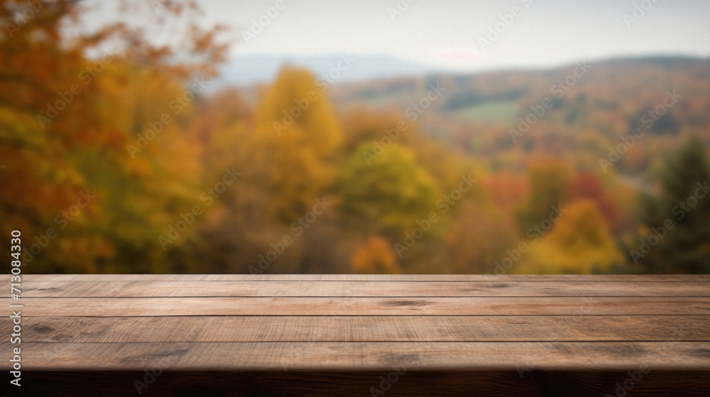 Empty blank wooden table fall background with autumn trees orange yellow color leaves backdrop forest or park nature scene abstract blurred bokeh tabletop for product display desk mockup. Copy space. Empty blank wooden table fall background with autumn trees orange yellow color leaves backdrop forest or park nature scene abstract blurred bokeh tabletop for product display desk mockup. Copy space.