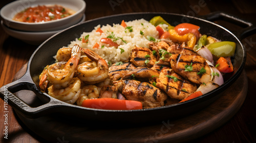 Grilled chicken and seafood with rice