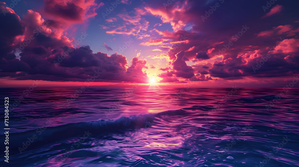 Radiant Ocean Sunset with Deep Purple and Red Reflections