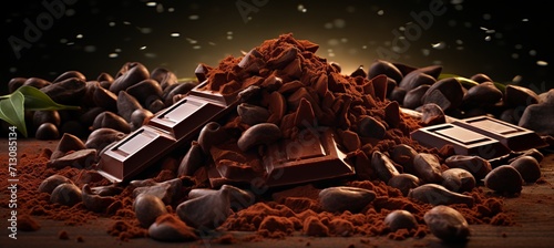Deliciously scattered dark chocolate pieces and whole cocoa beans on culinary background