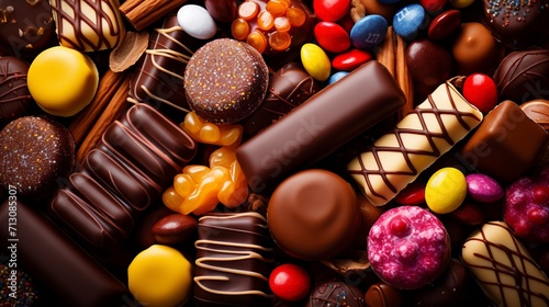 Delicious array of tempting chocolate candies in captivating top down display photo