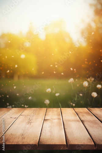 Wooden table spring nature bokeh background, empty wood desk product display mockup with green park sunny blurry abstract garden backdrop landscape ads showcase presentation. Mock up, copy space. #713085377