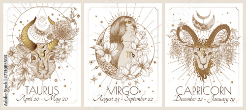 Vector illustration of zodiac in flowers signs card. Earth signs: Taurus, Virgo and Capricorn. Gold on a white background in engraving style