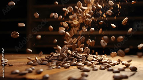 Super slow motion of falling coffee beans on wooden