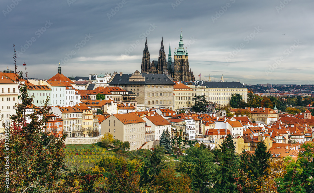 Prague skyline with the top of the Metropolitan Cathedral of Saints Vitus, Wenceslaus and Adalbert.