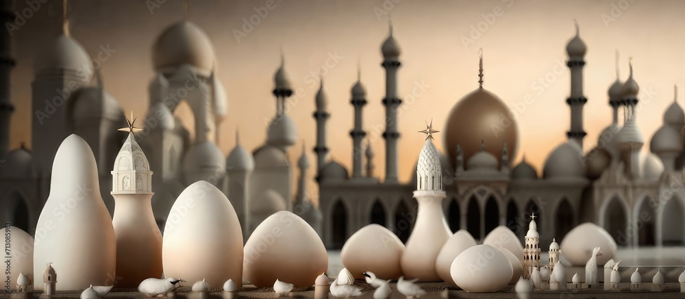 Ramadan Kareem Background with Mosque and Lanterns - Festive Islamic Atmosphere