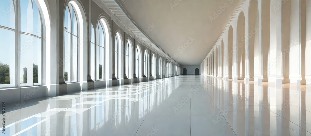 Naklejka premium Empty Hall with Arches and a Large Window - Architectural Elegance