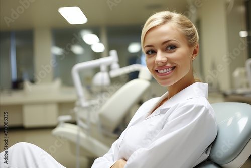 Smiling Woman in Dentists Chair for Routine Dental Check-Up