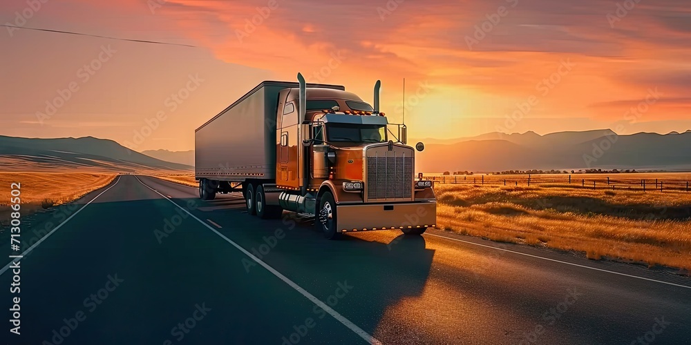 Truck in motion on highway for transportation of cargo freight vehicle shipping trailer delivering goods at speed logistic traffic moving under sky fast and heavy driving business at sunset Truck in motion on highway for transportation of cargo freight vehicle shipping trailer delivering goods at speed logistic traffic moving under sky fast and heavy driving business at sunset