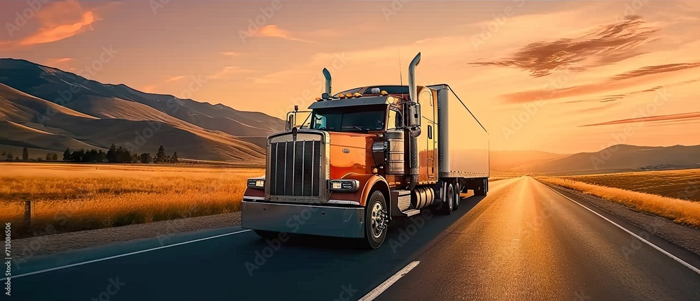 Truck in motion on highway for transportation of cargo freight vehicle shipping trailer delivering goods at speed logistic traffic moving under sky fast and heavy driving business at sunset Truck in motion on highway for transportation of cargo freight vehicle shipping trailer delivering goods at speed logistic traffic moving under sky fast and heavy driving business at sunset