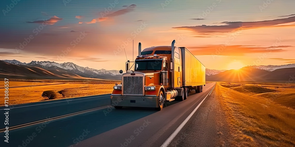 Truck in motion on highway for transportation of cargo freight vehicle shipping trailer delivering goods at speed logistic traffic moving under sky fast and heavy driving business at sunset