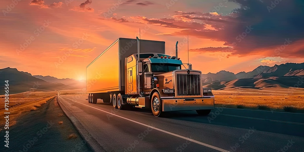 Truck in motion on highway for transportation of cargo freight vehicle shipping trailer delivering goods at speed logistic traffic moving under sky fast and heavy driving business at sunset Truck in motion on highway for transportation of cargo freight vehicle shipping trailer delivering goods at speed logistic traffic moving under sky fast and heavy driving business at sunset