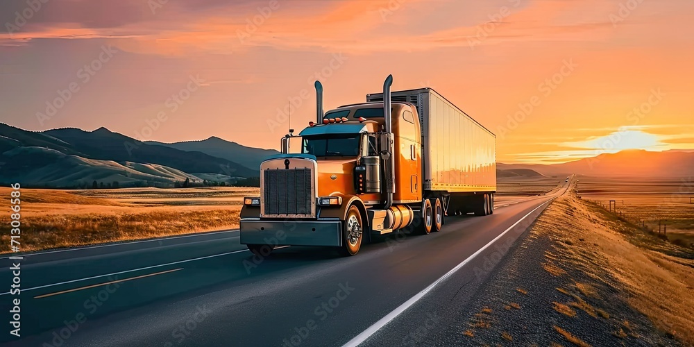 Truck in motion on highway for transportation of cargo freight vehicle shipping trailer delivering goods at speed logistic traffic moving under sky fast and heavy driving business at sunset