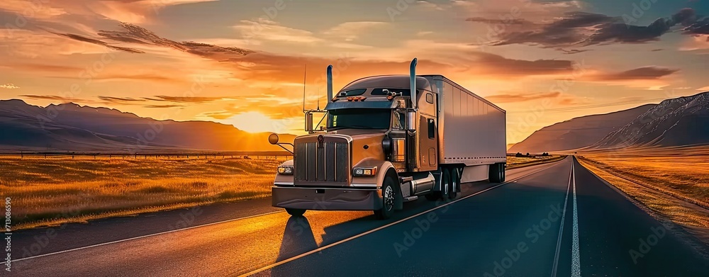 Truck in motion on highway for transportation of cargo freight vehicle shipping trailer delivering goods at speed logistic traffic moving under sky fast and heavy driving business at sunset Truck in motion on highway for transportation of cargo freight vehicle shipping trailer delivering goods at speed logistic traffic moving under sky fast and heavy driving business at sunset