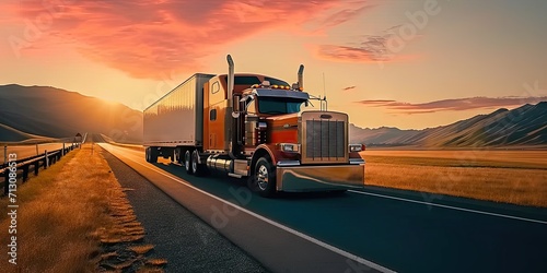 Truck in motion on highway for transportation of cargo freight vehicle shipping trailer delivering goods at speed logistic traffic moving under sky fast and heavy driving business at sunset