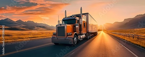 Truck in motion on highway for transportation of cargo freight vehicle shipping trailer delivering goods at speed logistic traffic moving under sky fast and heavy driving business at sunset photo