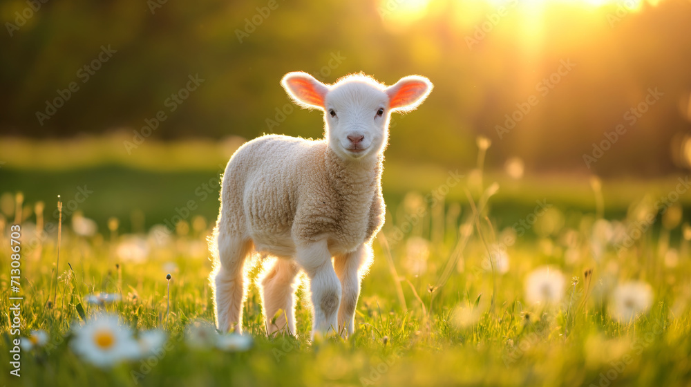 A cute lamb standing on a green spring meadow, sun is shining A cute lamb standing on a green spring meadow, sun is shining