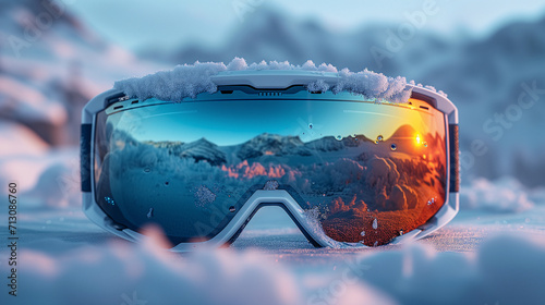 A goggles is lying on the snow. Close-up. Blurred mountains in the background. Snow. Safety glasses with reflection. A beautiful panorama without people. Ai generative photo