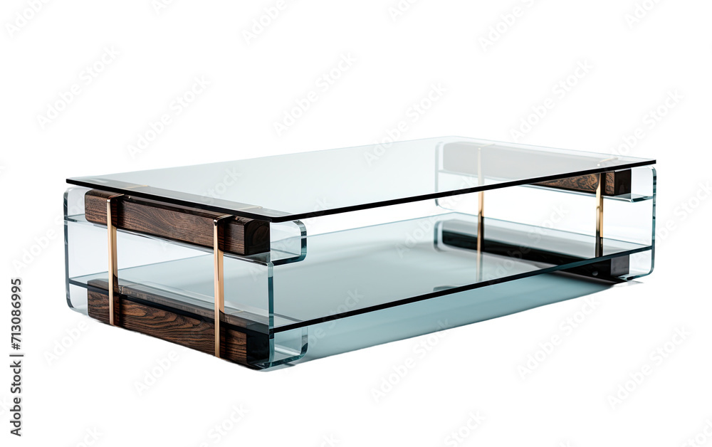 Presentation of Glass Coffee Table with Metallic Accents on Crisp Art Scale on White or PNG Transparent Background.