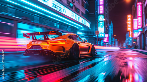 Vibrant orange sports car racing through narrow neon lit city streets.