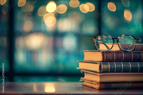 stack of hardcover books with bokeh background