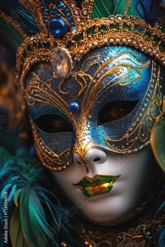 A close-up view of a mask adorned with feathers. Perfect for masquerade parties and costume events © Fotograf