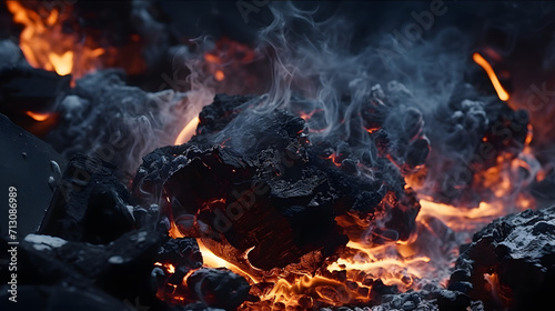 Super slow motion of rotating coal pieces with fire.