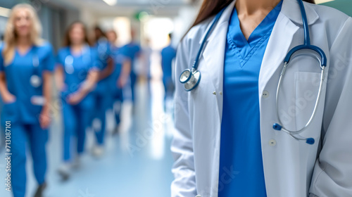 Focused image of a healthcare worker in a white lab coat and stethoscope with a team of medical staff in blue scrubs in the background. 