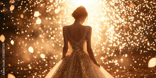 Dride from behind in wedding dress woman, bright glitter background. photo