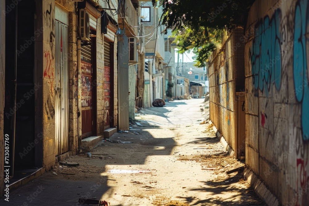 Obraz premium A narrow alleyway adorned with vibrant graffiti. Perfect for urban-themed projects and street art enthusiasts