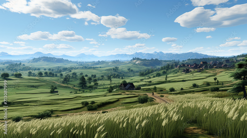 Fototapeta premium landscape with green grass and blue sky
