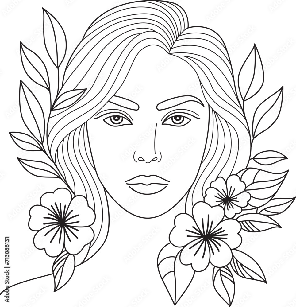 Vector graphic portrait of a young woman and flowers. Line art illustration Vector graphic portrait of a young woman and flowers. Line art illustration