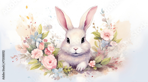 Cute Easter bunny with flowers in watercolor style photo