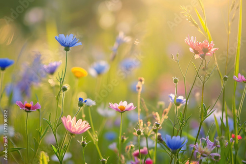 A symphony of delicate flowers blooming in a sunlit meadow © Venka