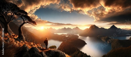 Beautiful sunset mountains panoramic view over the serene lake landscape