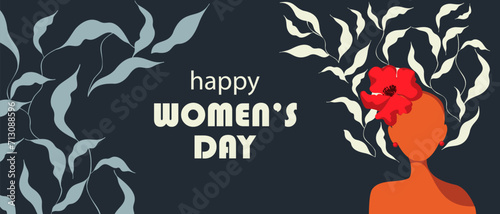 Woman with leaves in her hair. Happy International Women's Day. Background for March 8th. Vector illustration.