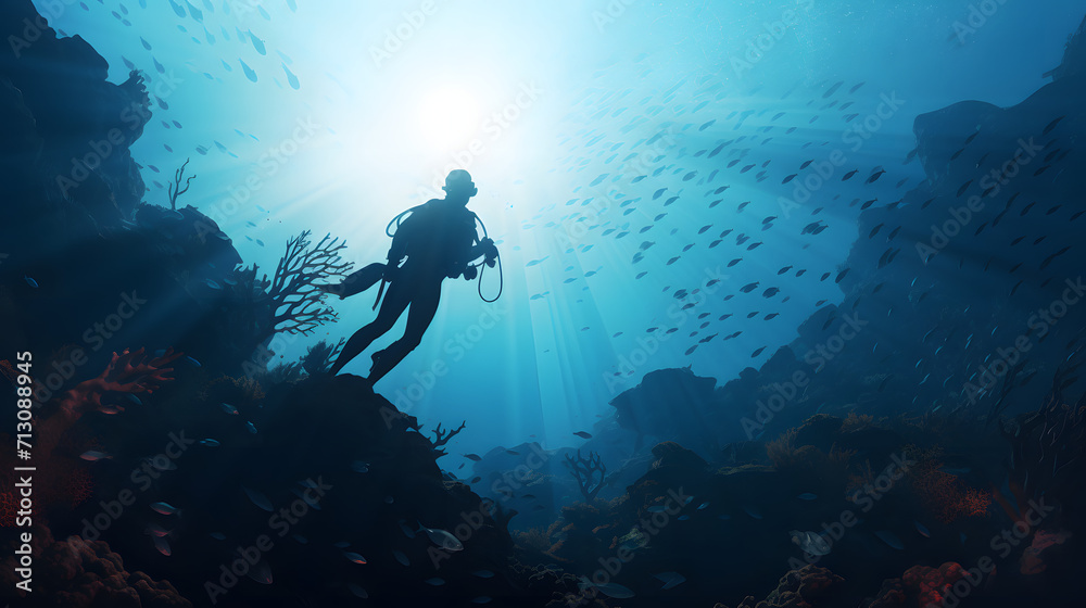 Silhouette of scuba diver exploring coral reef