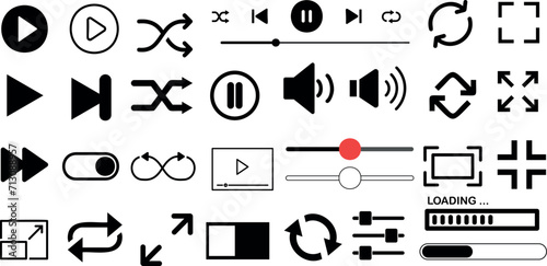 Media player icon set vector illustration. multimedia,  Play, pause, stop, volume, shuffle, repeat, playlist, eject, record. Modern design for apps, websites. User friendly interface, ui, ux