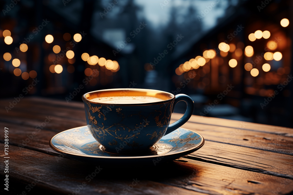 Obraz premium Cup of drink. coffee tea. Outdoor space or big window with beautiful view. cosy warm place. Christmas, new year celebration. Social media post, banner, cover, flyer, invitation. Generative Ai content