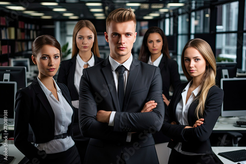 Business Professionals Standing in Front of Computers in Office Environment