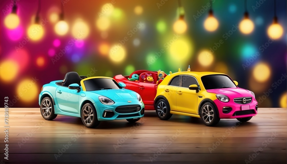 Various colorful kid car. decoration with soft focus light and bokeh background