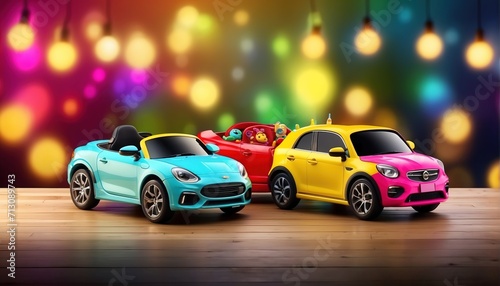 Various colorful kid car. decoration with soft focus light and bokeh background