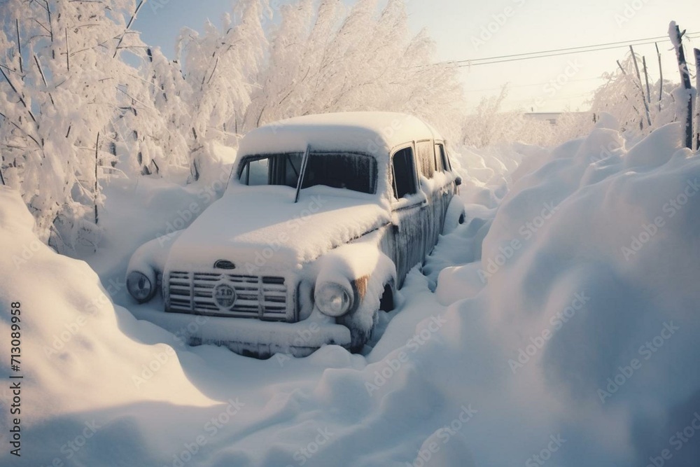 A vehicle skidded into a snow-filled trench during a chilly winter day. Generative AI