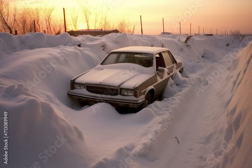 A vehicle skidded into a snow-filled trench during a chilly winter day. Generative AI © Ismael